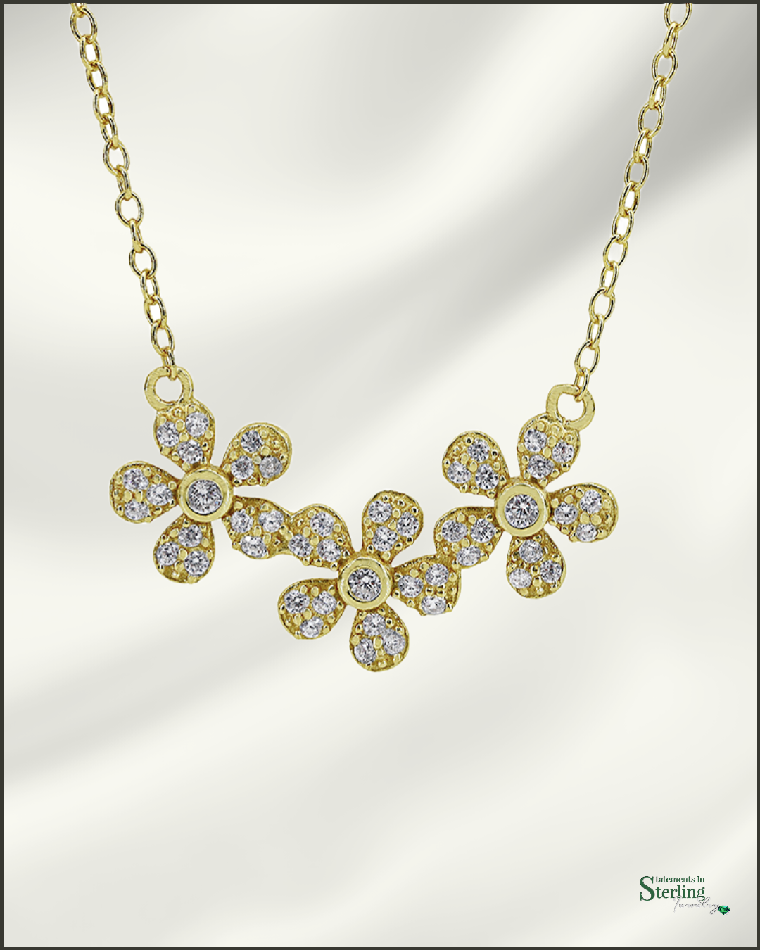 Sterling Silver Cubic Zirconia Flower Necklace in Gold