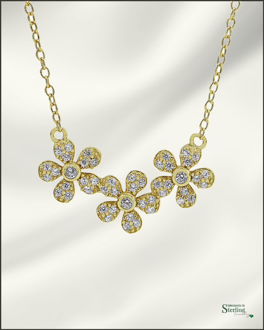 Sterling Silver Cubic Zirconia Flower Necklace in Gold