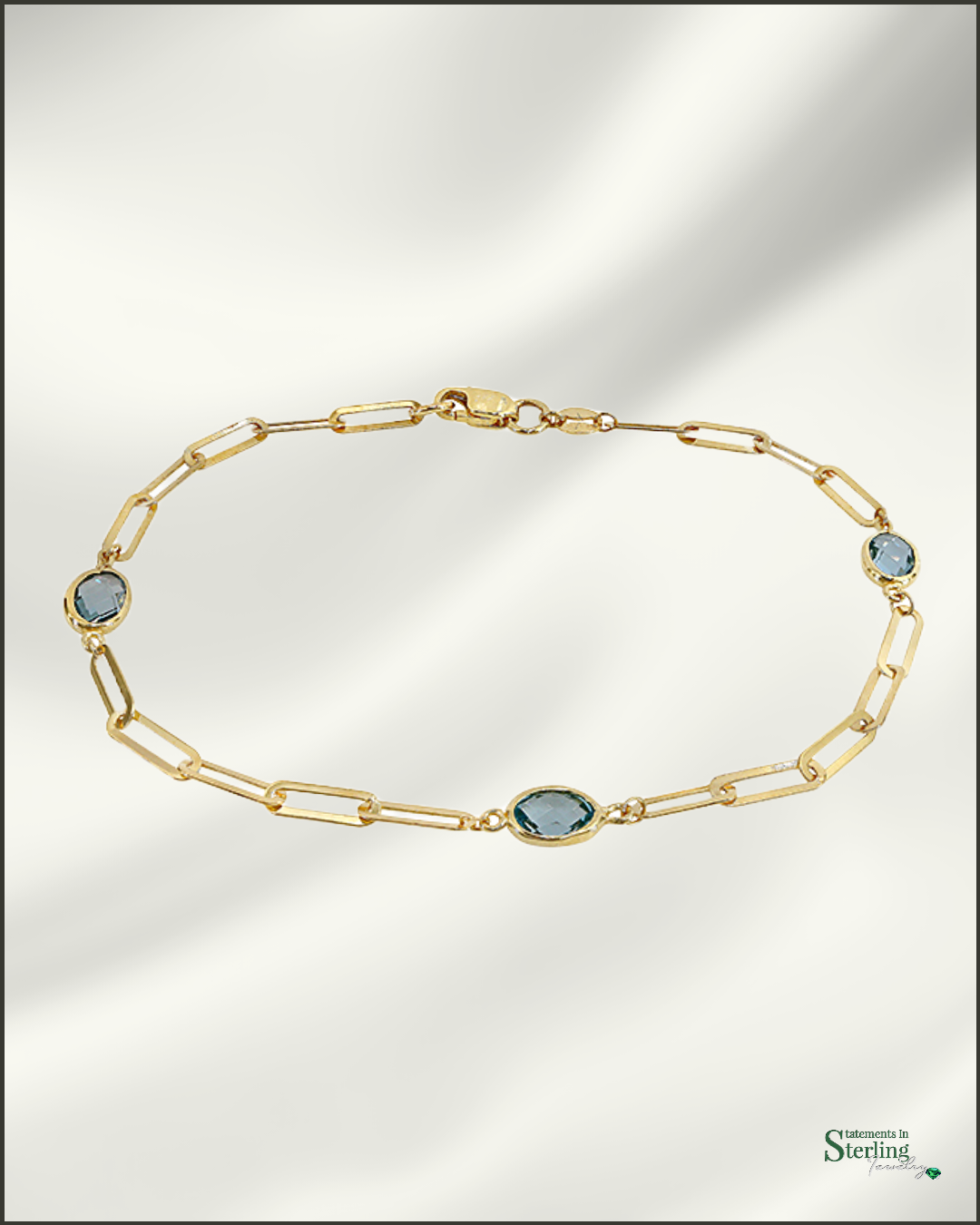 10k Gold Paperclip Link Gemstone Bracelet in Blue Topaz