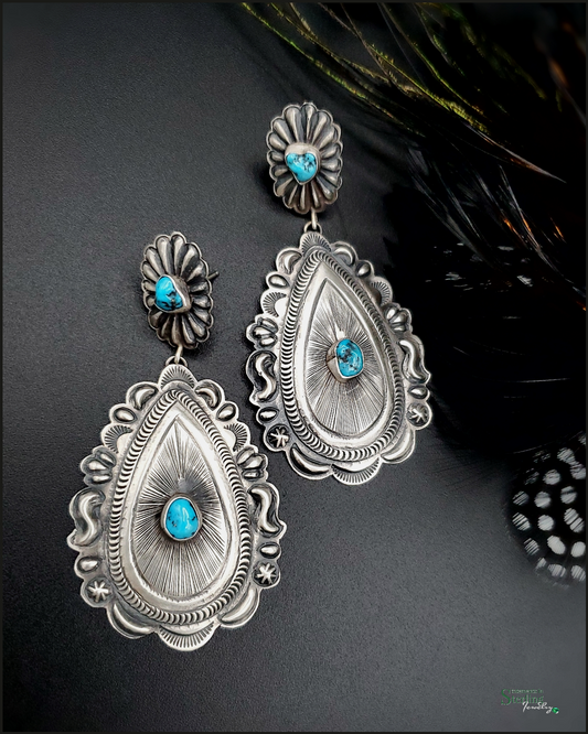 Navajo Kingman Turquoise and Sterling Silver Concho Earrings by Eugene Charley