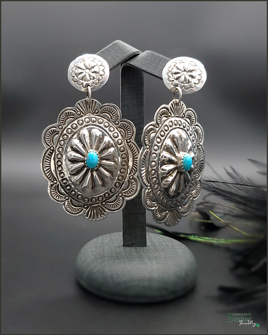 Sleeping Beauty Turquoise and Sterling Silver Concho Earrings by Genevieve Blackgoat