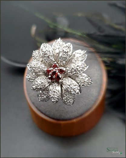 White Topaz, Garnet and Sterling Silver Flower Ring