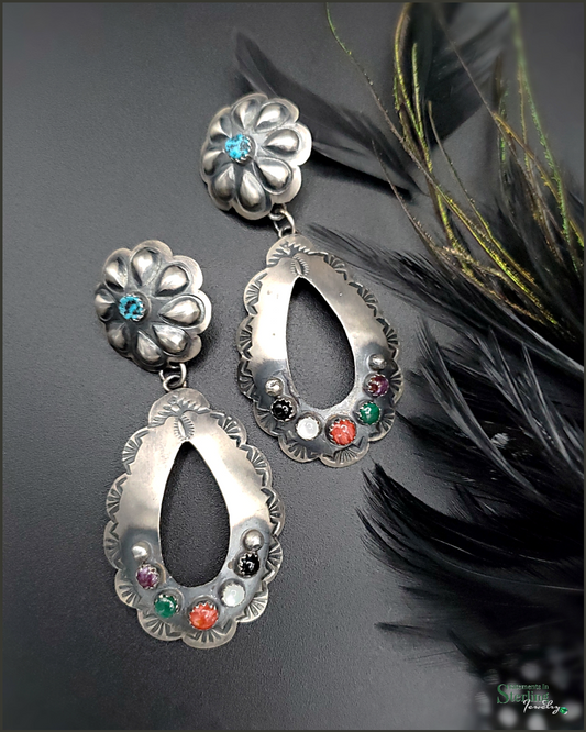 Navajo Multi-Gem Sterling Silver Concho Earrings by Tim Yazzie