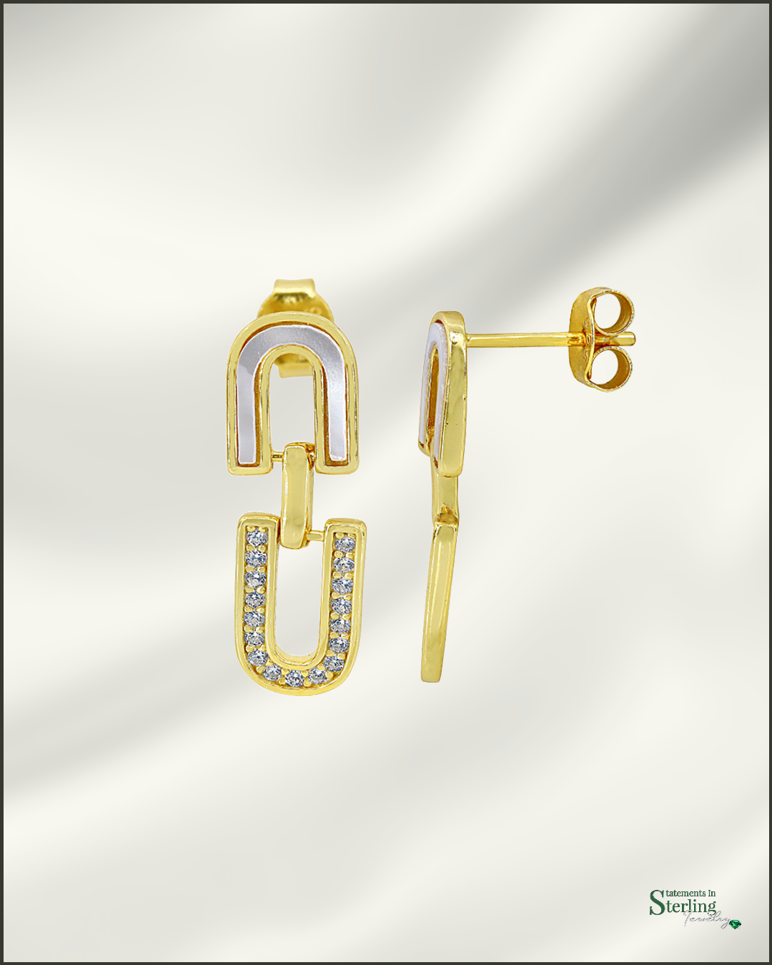 Sterling Silver Pearl Inlay U-Link Earrings in Gold