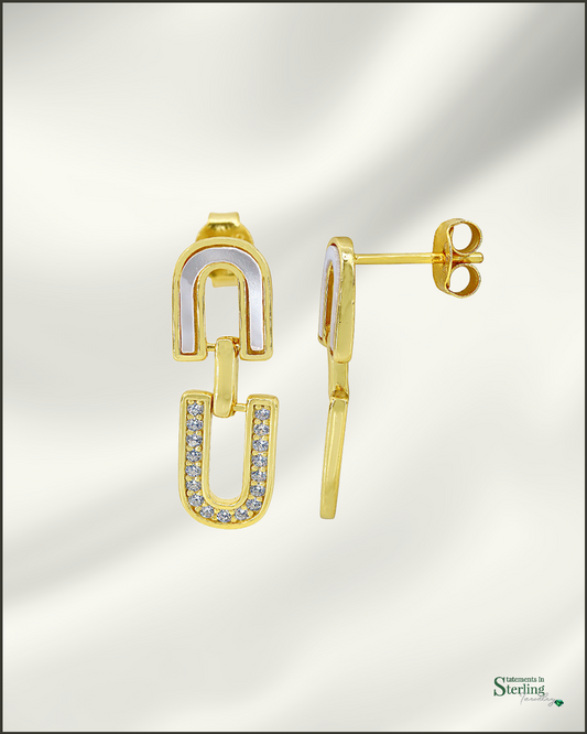 Sterling Silver Pearl Inlay U-Link Earrings in Gold