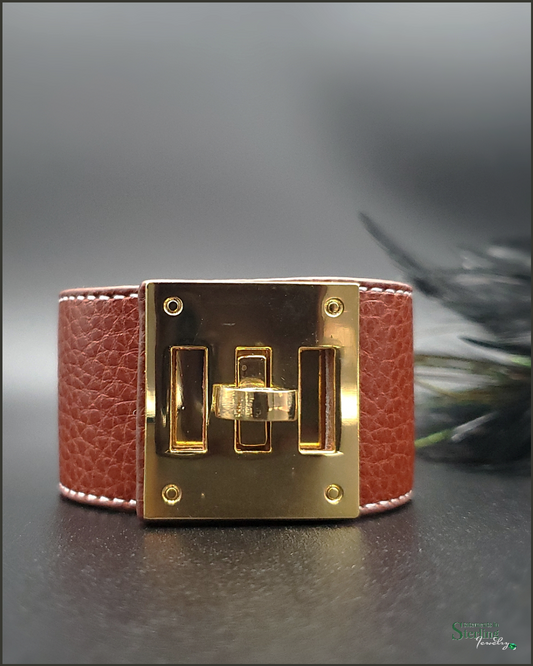 Kelly Style Lock Bracelet in Brown Lambskin Leather and Stainless Steel