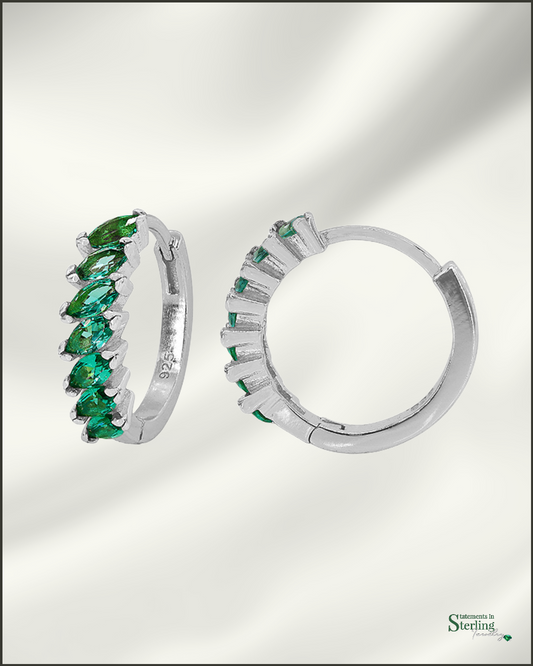 Sterling Silver Petite Hoop Earrings with Emerald Cubic Zirconia in Rhodium