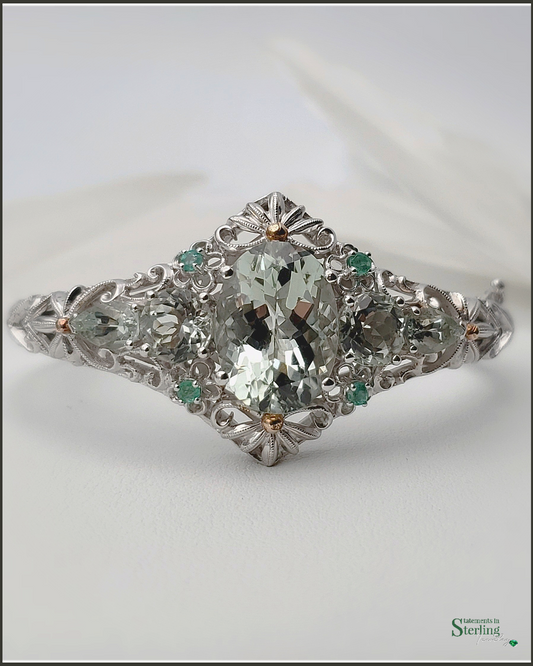 Prasiolite, Zambian Emerald and Sterling Silver Vintage Victorian Bracelet