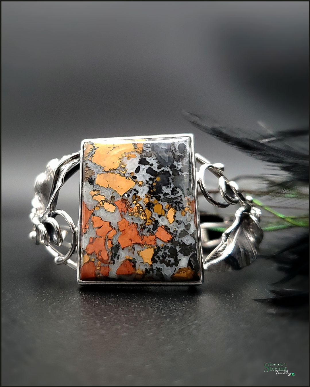 Maligano Jasper and Sterling Silver Leaves Bangle Bracelet