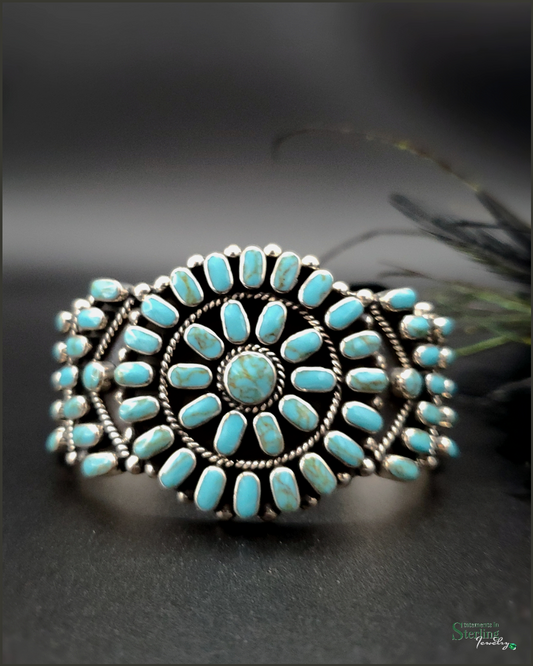 Turquoise and Sterling Silver Flower Cluster Cuff Bracelet