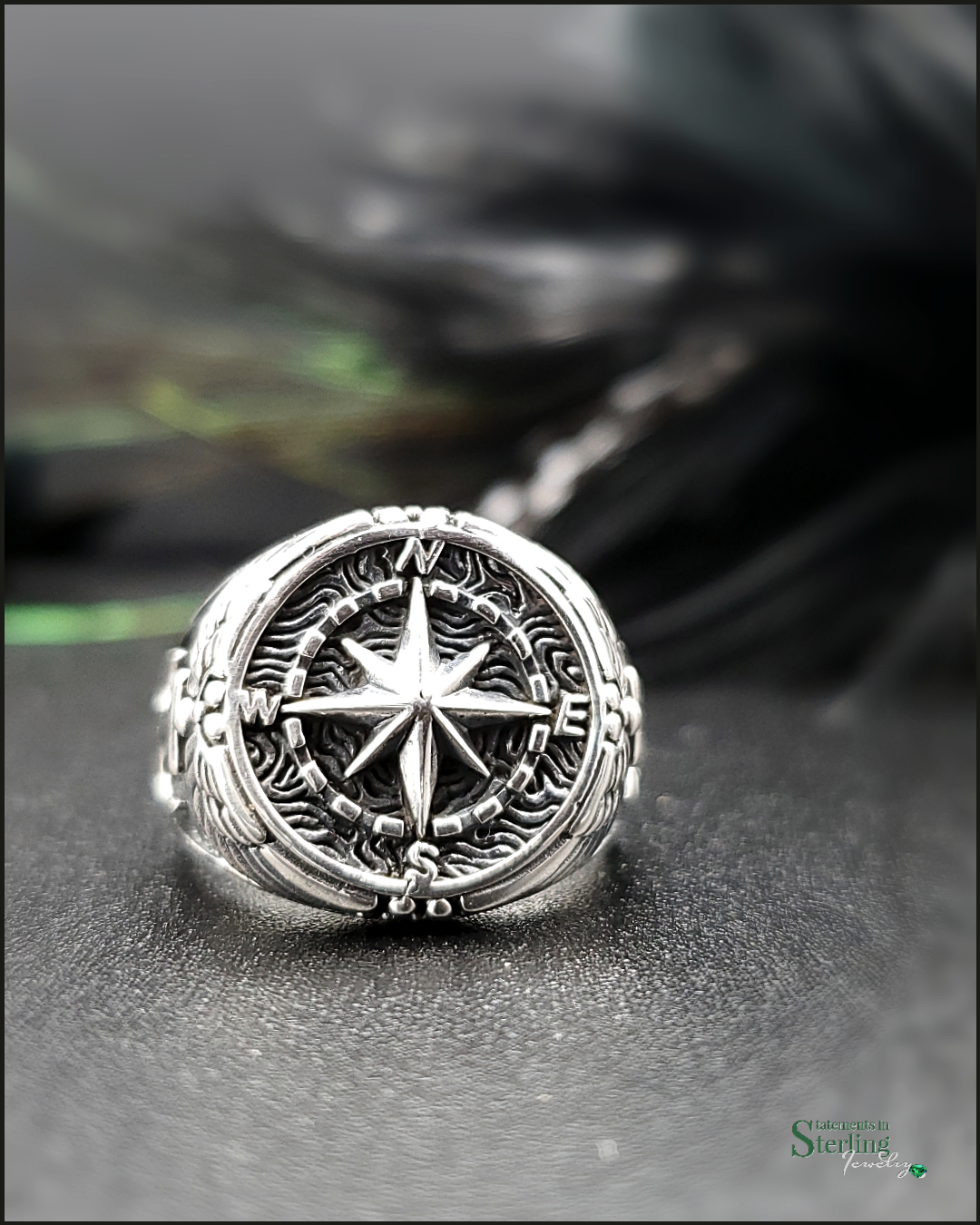 Sterling Silver Oxidized Compass and Anchor Ring