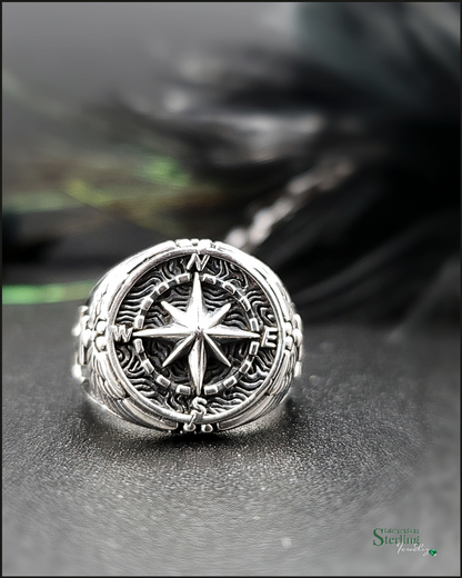 Sterling Silver Oxidized Compass and Anchor Ring