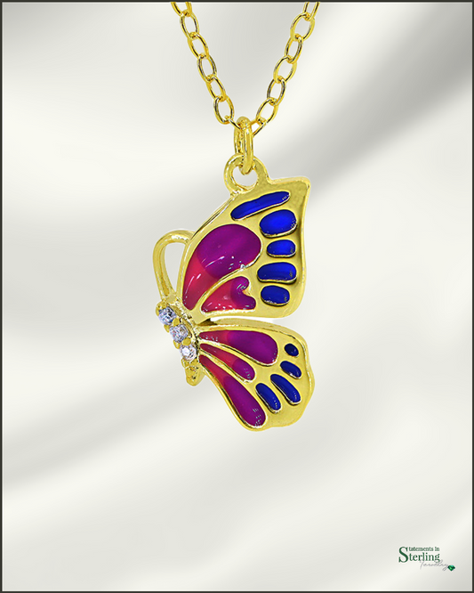 Sterling Silver Enamel Butterfly Necklace in Gold