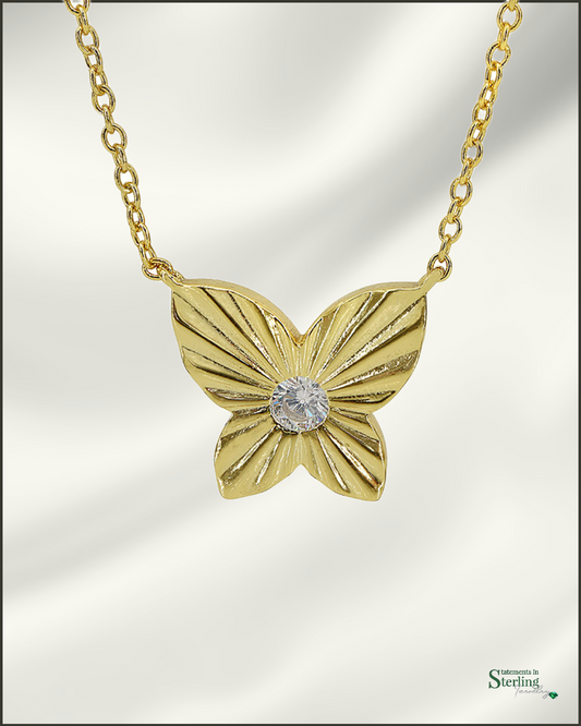 Sterling Silver Cubic Zirconia Butterfly Necklace in Gold