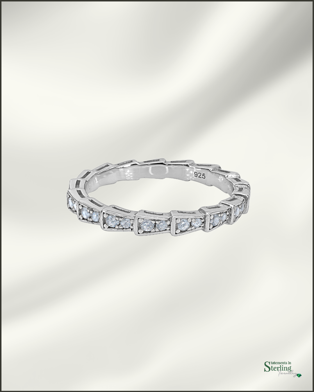 Sterling Silver Art Deco Ring Band with Cubic Zirconia in Rhodium