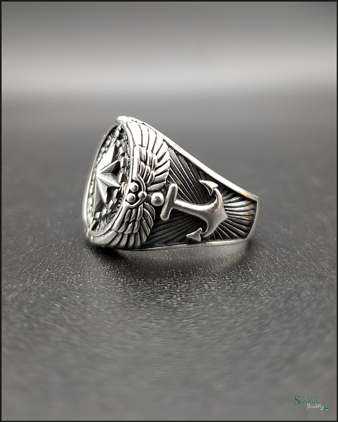 Sterling Silver Oxidized Compass and Anchor Ring