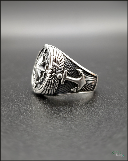 Sterling Silver Oxidized Compass and Anchor Ring