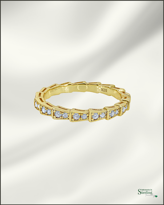 Sterling Silver Art Deco Ring Band with Cubic Zirconia in Gold