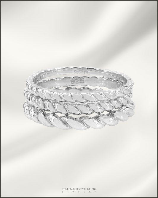 Sterling Silver Twisted Ring Trio in Rhodium
