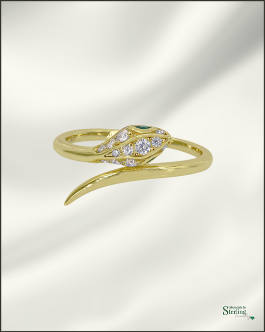 Sterling Silver Serpent Ring with Cubic Zirconia in Gold