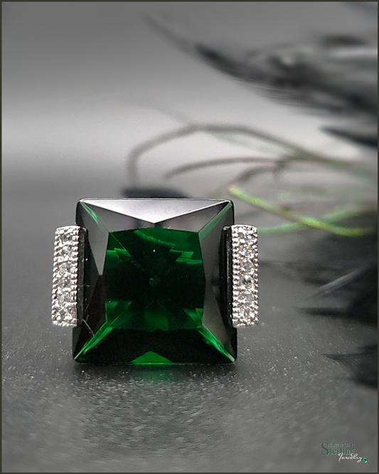 Chrome Diopside, White Topaz and Sterling Silver Art Deco Ring