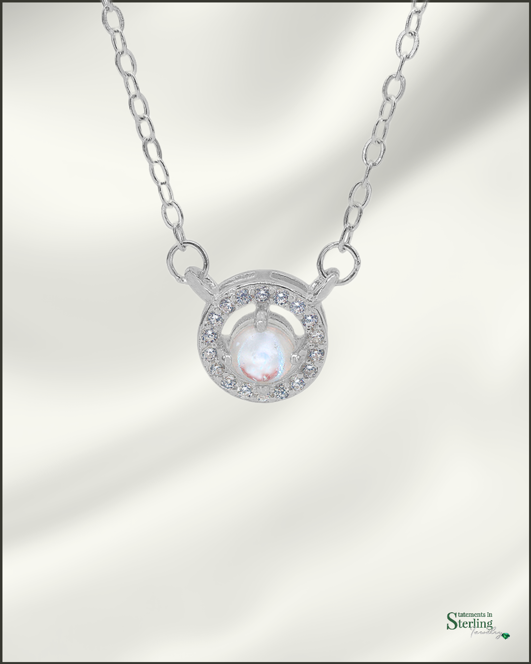 Sterling Silver Emulated Opal Necklace with Cubic Zirconia in Rhodium