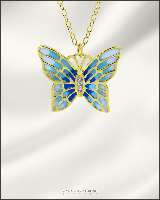 Sterling Silver Enamel Butterfly Necklace in Gold