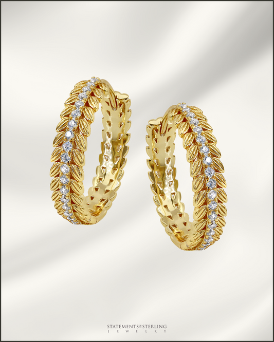 Sterling Silver Cubic Zirconia Leaf Hoop Earrings in Gold
