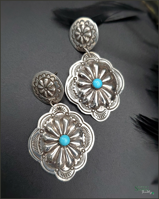 Navajo Sleeping Beauty Turquoise and Sterling Silver Concho Earrings by Genevieve Blackgoat