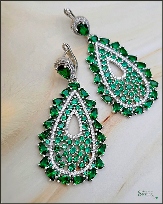 Sterling Silver Green Glamour Teardrop Earrings