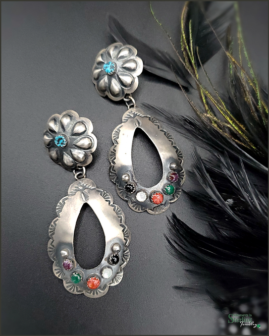 Navajo Multi Gemstone Sterling Silver Concho Earrings by Tim Yazzie
