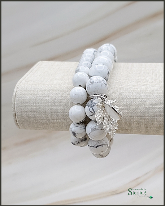 Gemstone and Sterling Silver Beaded Leaf Bracelet Set in White Howlite