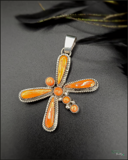 Orange Spiny Oyster and Sterling Silver Butterfly Pendant by Sandra Parkett