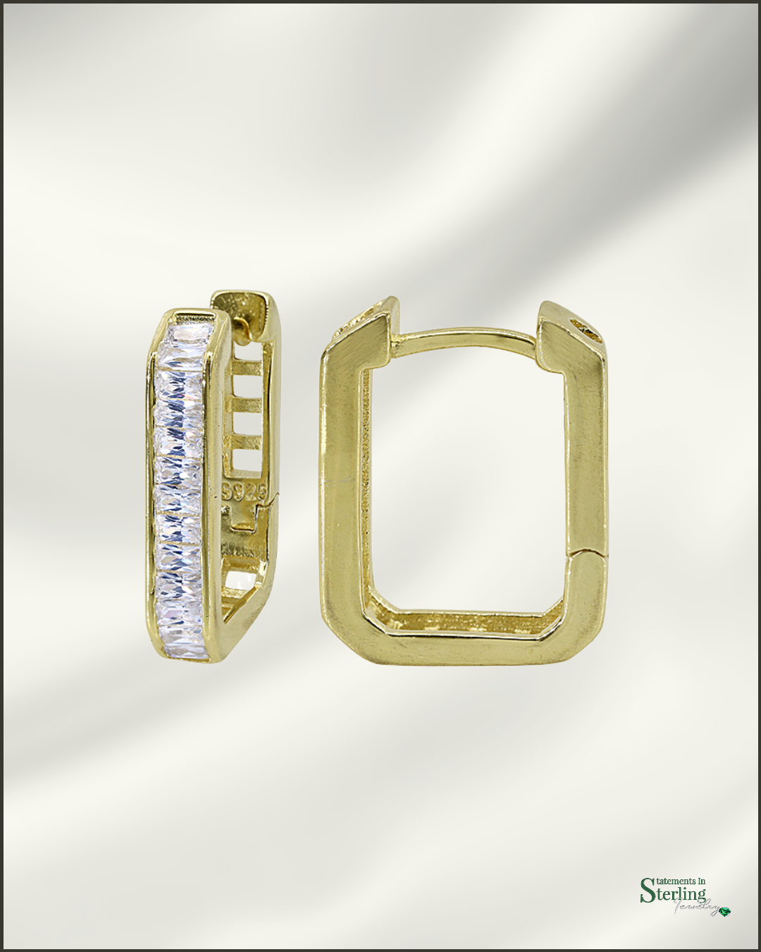 Sterling Silver Squared Hoop Earrings with Cubic Zirconia in Gold