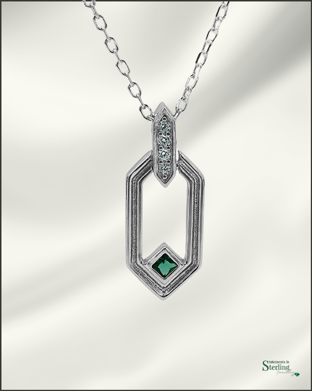 Sterling Silver Art Deco Necklace with Green Cubic Zirconia