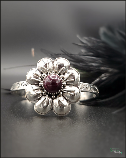 Purple Spiny Oyster and Sterling Silver Flower Cuff Bracelet by Sandra Parkett