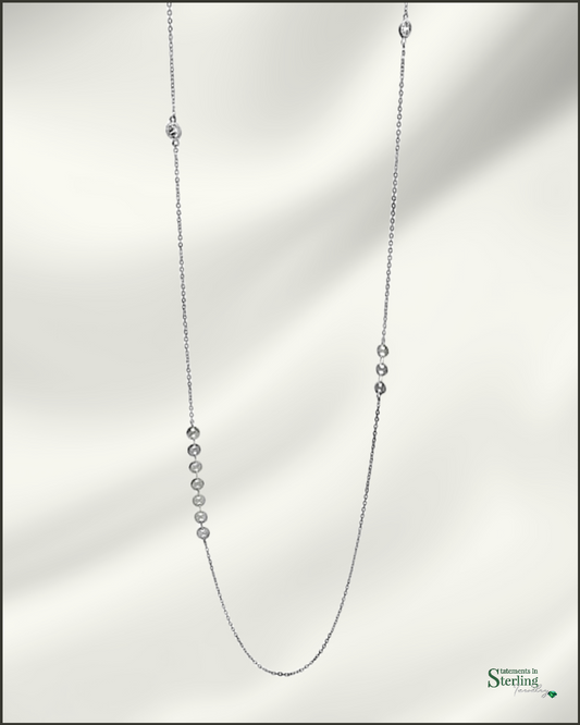 Sterling Silver Disc Station Long Necklace in Rhodium