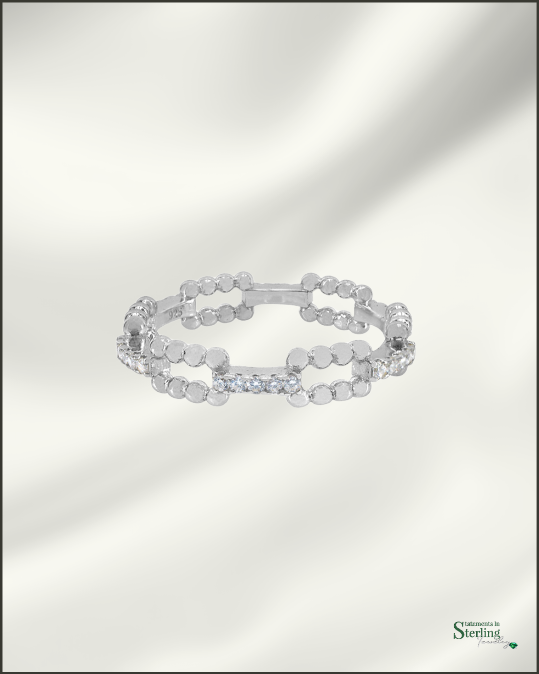 Sterling Silver Bead Ring Band with Cubic Zirconia in Rhodium