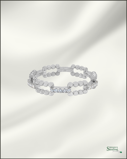 Sterling Silver Bead Ring Band with Cubic Zirconia in Rhodium