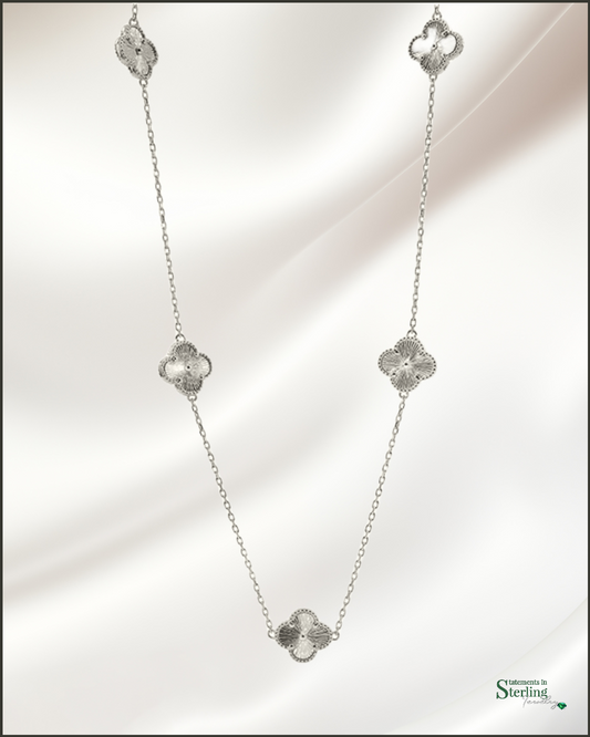 Sterling Silver Clover Station Necklace in Rhodium