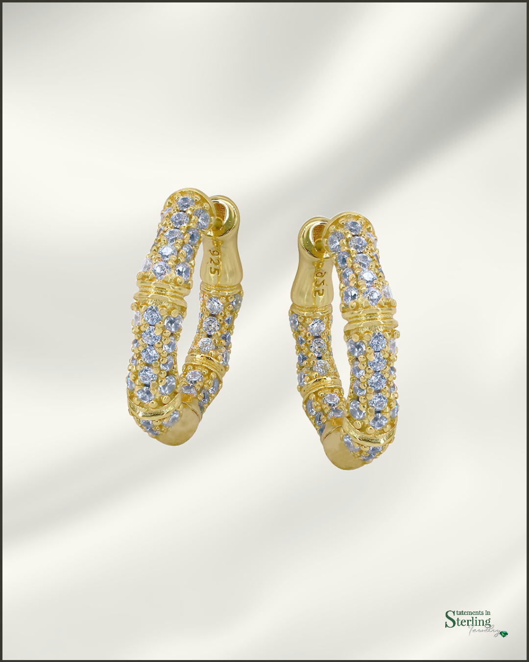 Sterling Silver Bamboo Style Hoop Earrings with Cubic Zirconia in Gold