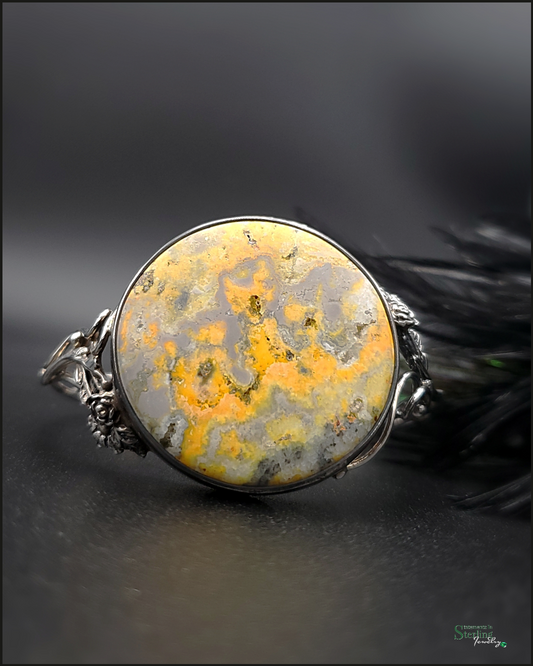 Bumblebee Jasper and Sterling Silver Leaves Bangle Bracelet