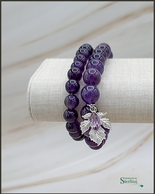 Gemstone and Sterling Silver Beaded Leaf Bracelet Set in Amethyst