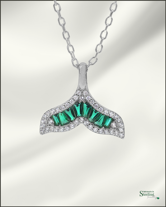 Sterling Silver Art Deco Whale Tail Necklace with Emerald Cubic Zirconia in Rhodium