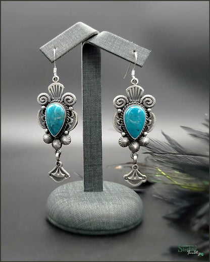 Kingman Turquoise and Sterling Silver Squash Blossom Earrings by Michael and Rose Calladitto