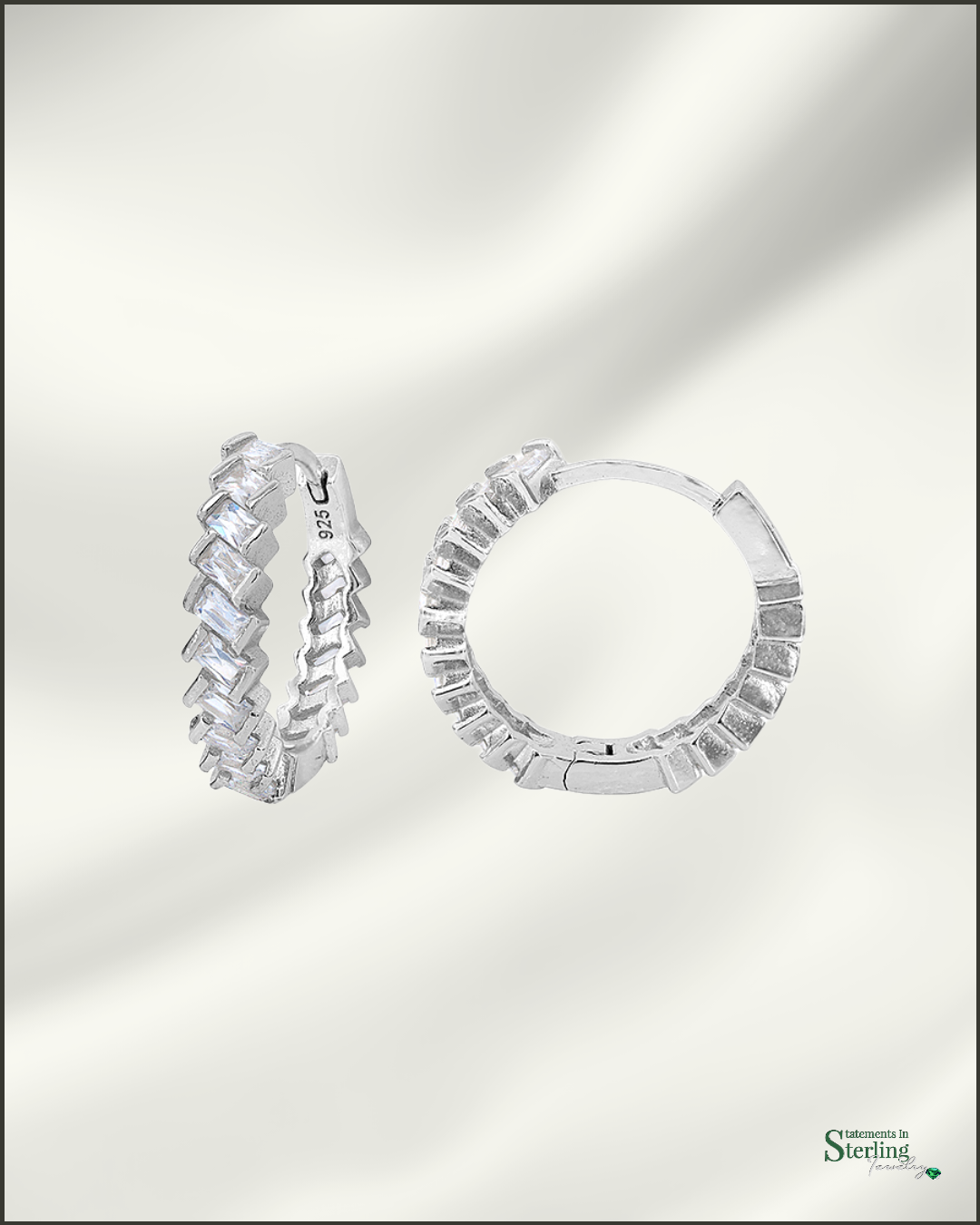 Sterling Silver Petite Hoop Earrings with Cubic Zirconia in Rhodium