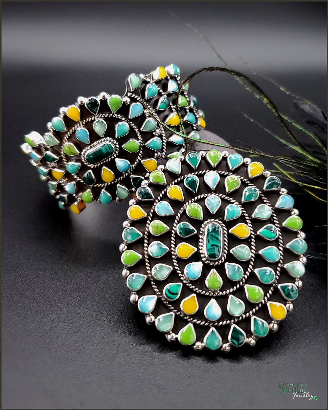 Multi Gemstone and Sterling Silver Teardrop Cluster Cuff Bracelet in Green