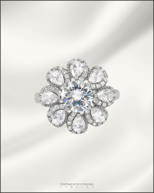 Sterling Silver Flower Ring with Cubic Zirconia