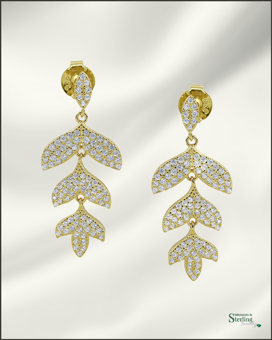 Sterling Silver Cubic Zirconia Leaf Drop Earrings in Gold