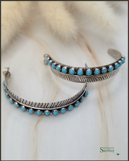 Sleeping Beauty Turquoise and Sterling Silver Navajo Feather Hoop Earrings by Chester Charlie